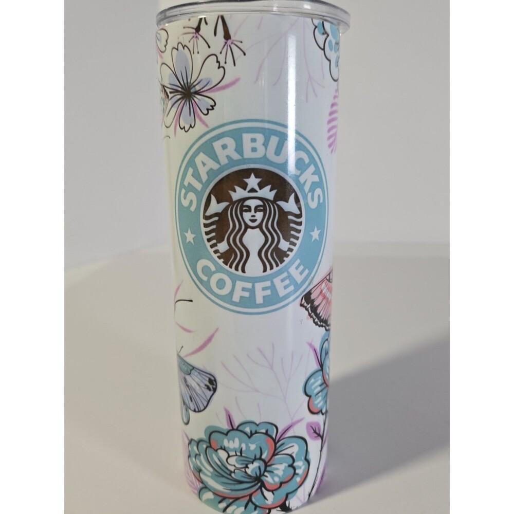 Starbucks Coffee Floral Butterfly 20oz Skinny Tumbler Stainless Steel Handmade